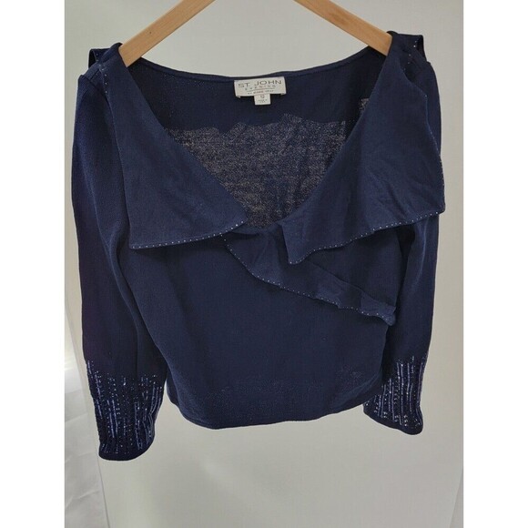 John Evening Marie Gray Knit Shirt Ruffled Neck Sequin